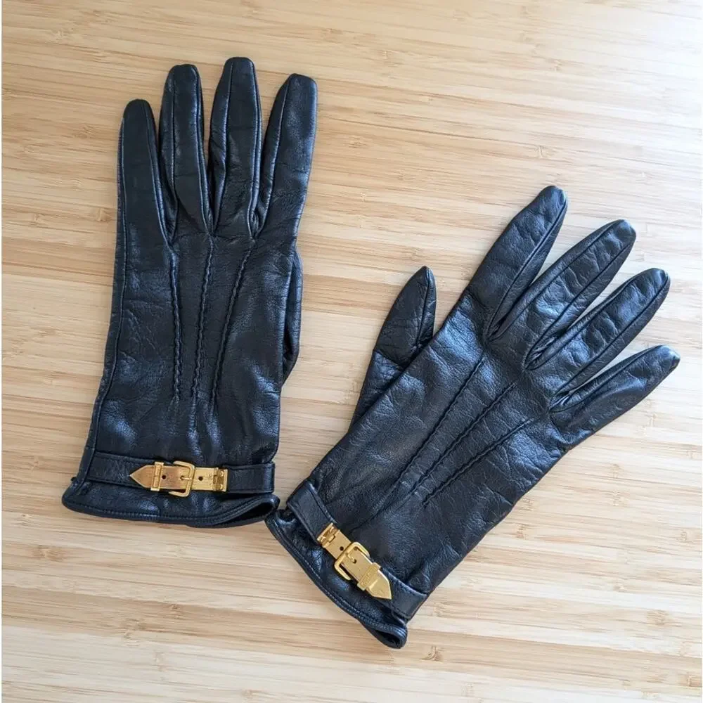 Miu Miu Black Leather 100% Lambskin Gold Buckle Strap Italy Logo Gloves